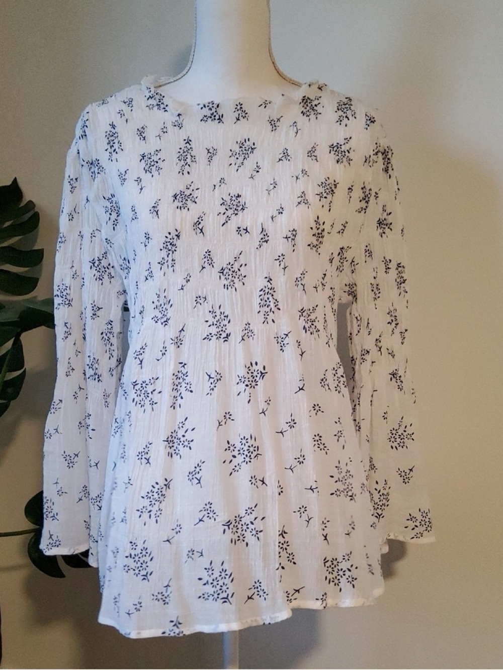 Adiva White Peasant Blouse with Navy Floral Print